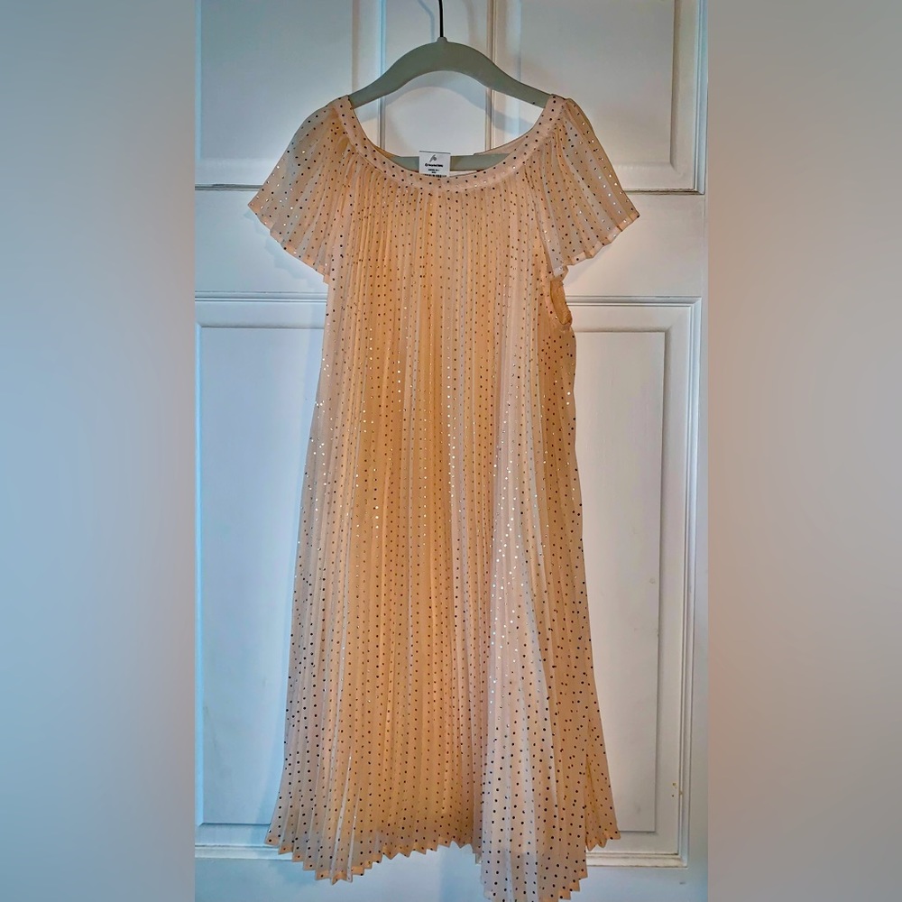 GAP KIDS PINK SILVER FLUTTER SLEEVE METALLIC DOT PLEATED LINED DRESS.